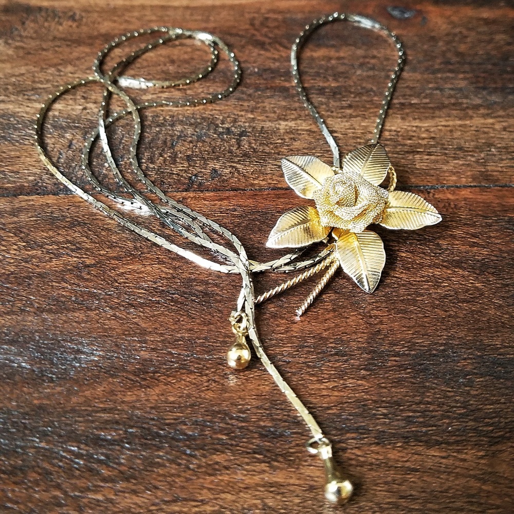 Vintage Golden Rosette Lariat Necklace